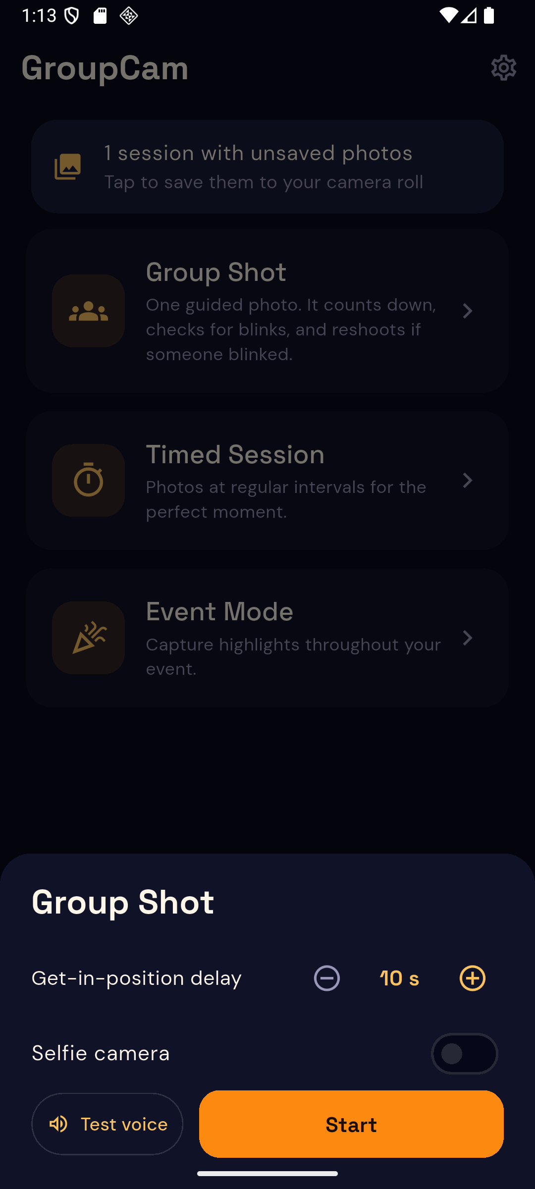GroupCam session setup sheet with interval, duration and get-in-position delay