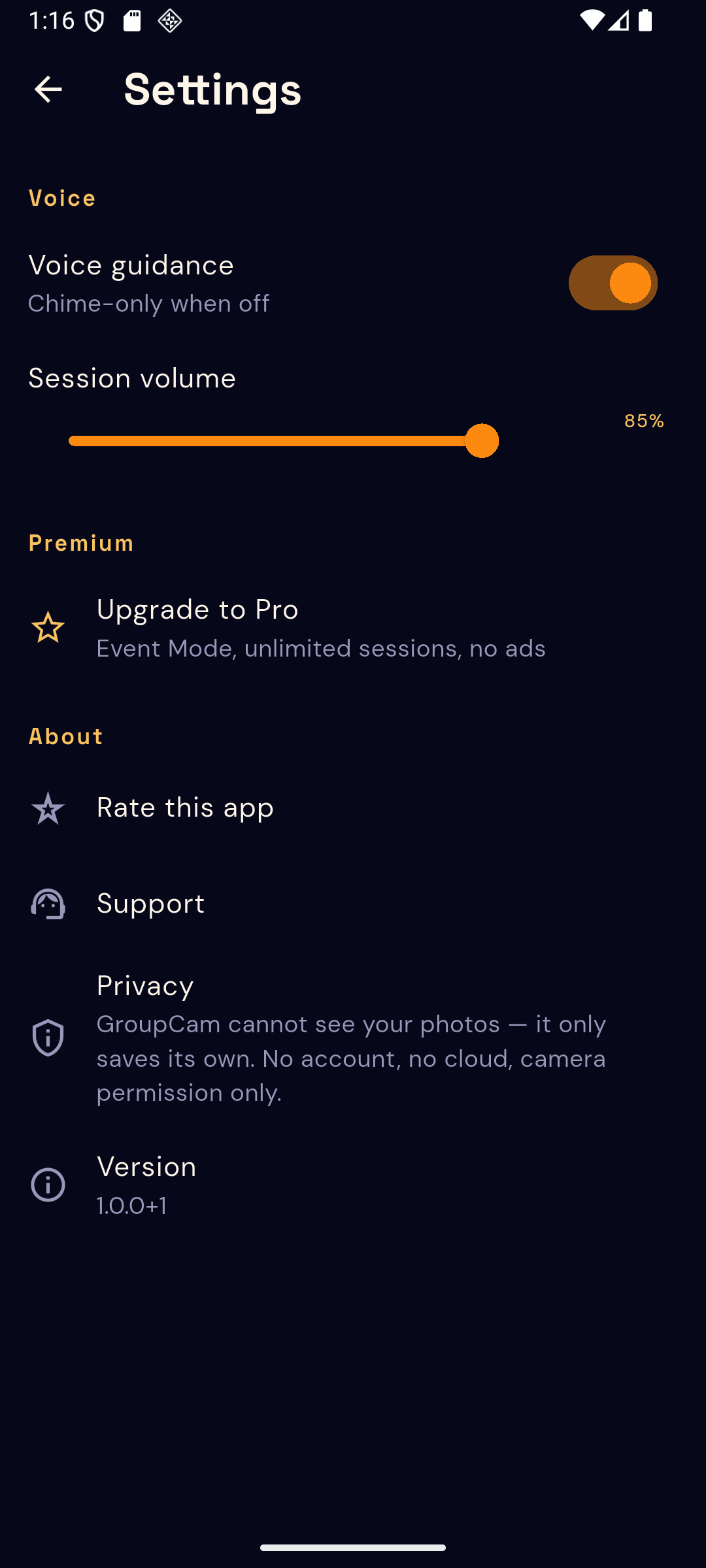 GroupCam settings screen with voice and volume controls