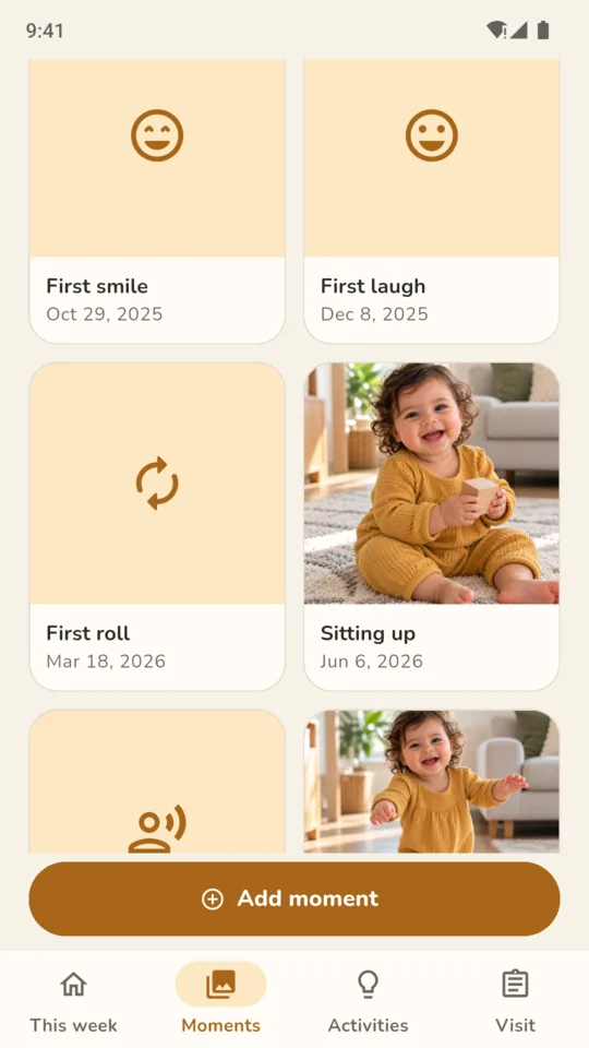 Firsts: first smile, first laugh, first roll and sitting up, with their dates.
