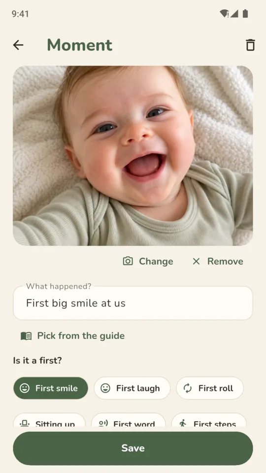 A moment: First big smile at us, with its photo, and the firsts to tag it with.