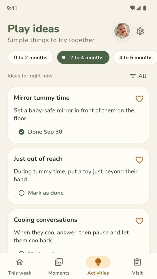 Play ideas: ideas for 2 to 4 months, with done and favourites.