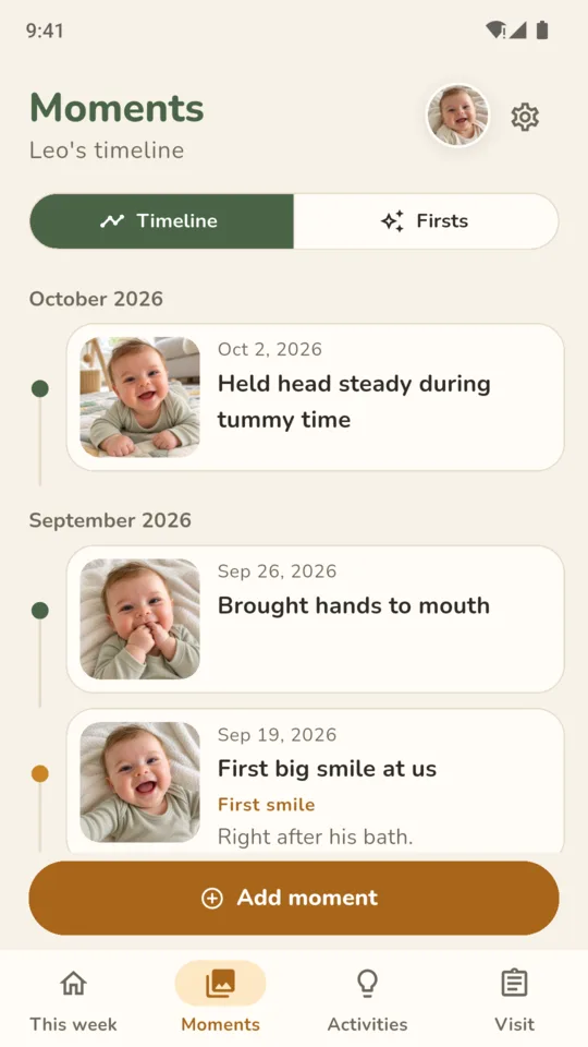 Moments: the timeline, newest first, with photos and dates.