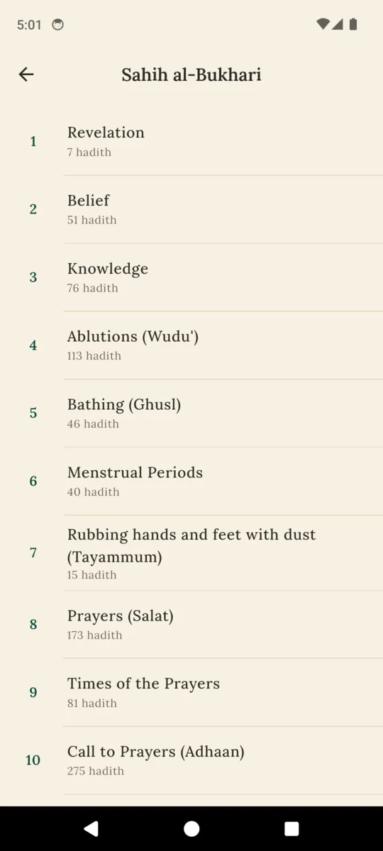 The book index of Sahih al-Bukhari in HadithPal: Revelation 7 hadith, Belief 51 hadith, Knowledge 76 hadith, Ablutions 113 hadith and on down the list