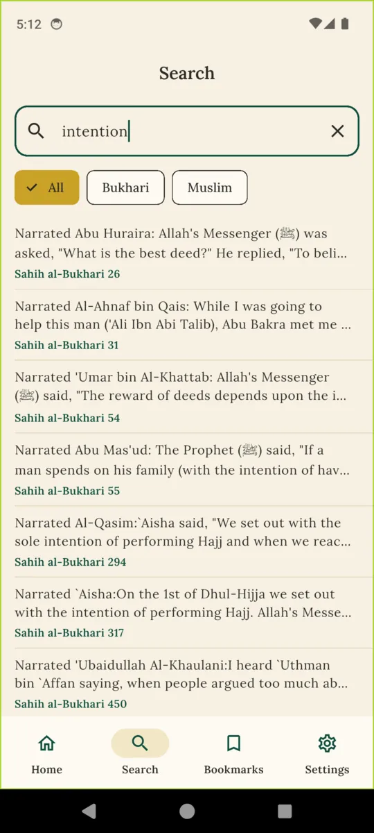 HadithPal search results for the word intention, each result citing its collection and number, with filter chips for All, Bukhari and Muslim