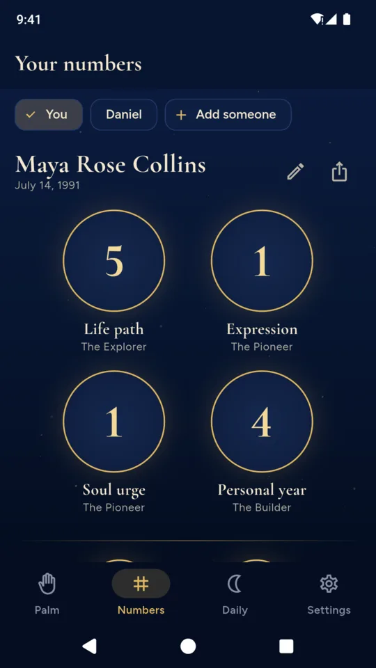 Your numbers: life path, expression, soul urge and personal year from a name and birth date.