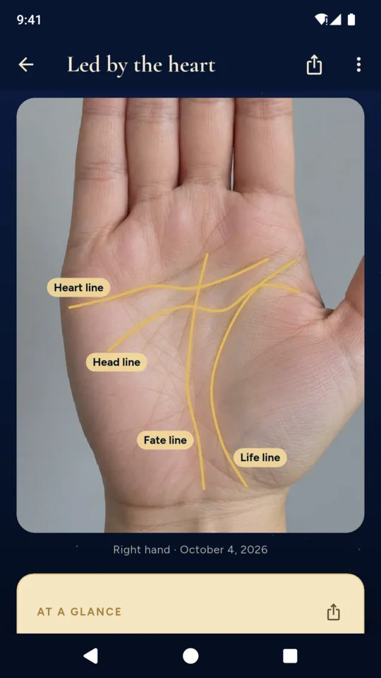 A reading: a palm photo with the heart, head, life and fate lines traced in gold, titled Led by the heart