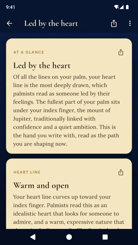 The reading: each part on its own card, with a share button.
