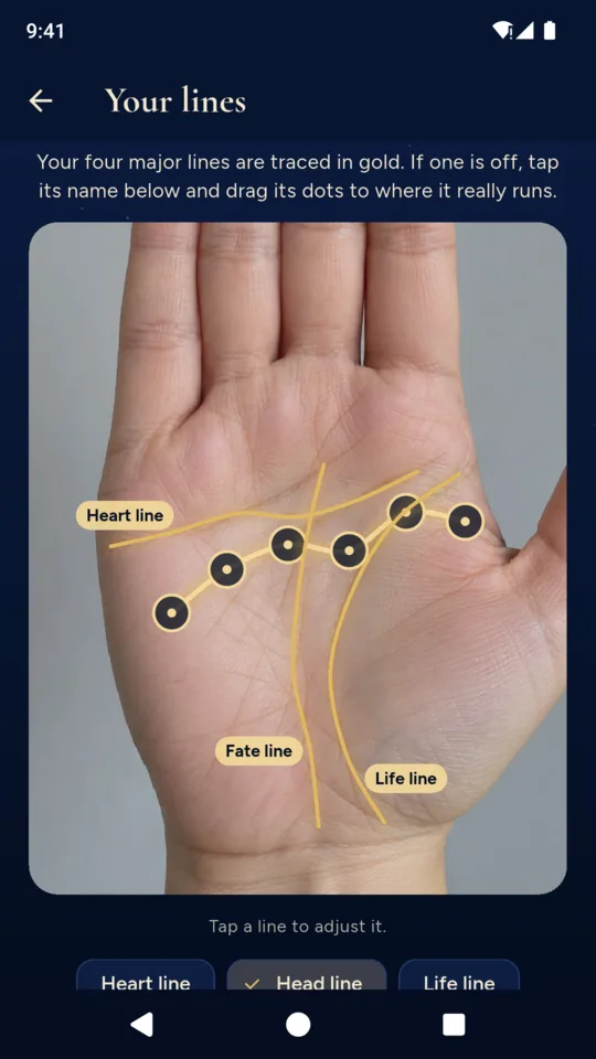 Your lines: the four lines traced on a palm photo, with the head line's dots ready to drag.