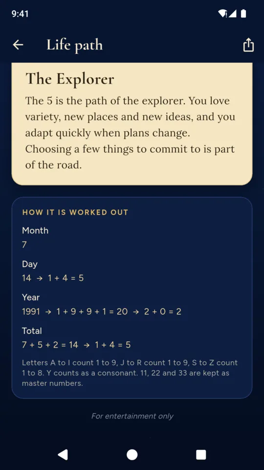 The working: how a life path of 5 comes from a birth date, step by step.