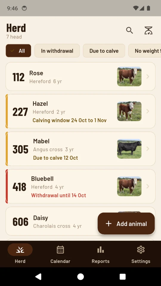 The HerdCard herd list, each row showing an ear tag in large type with the animal name beside it and a red withdrawal marker on one of them