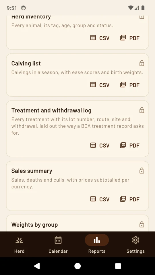 The reports screen offering herd, calving, treatment, weight and sales reports as a PDF, with a cost per head summary