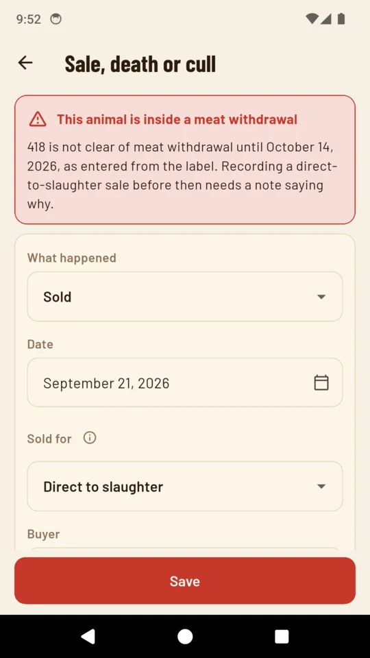 A disposal screen showing a red warning that the animal is inside its meat withdrawal until a named date, with a field asking for a written reason