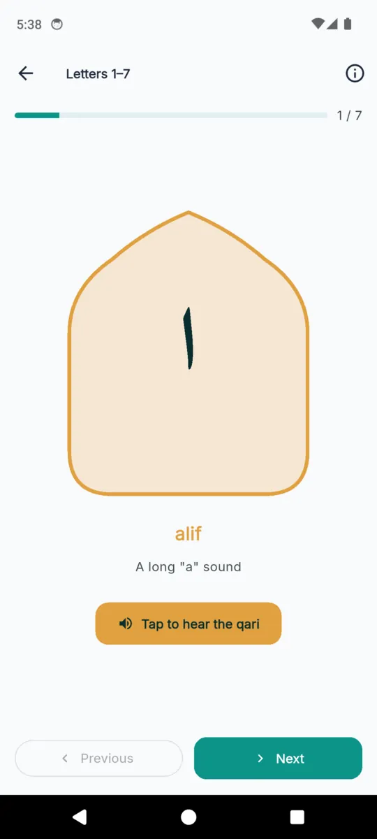 A HifzPal Qaida lesson showing the letter alif alone inside a gold arch, labelled a long a sound, with a gold Tap to hear the qari button and Previous and Next controls