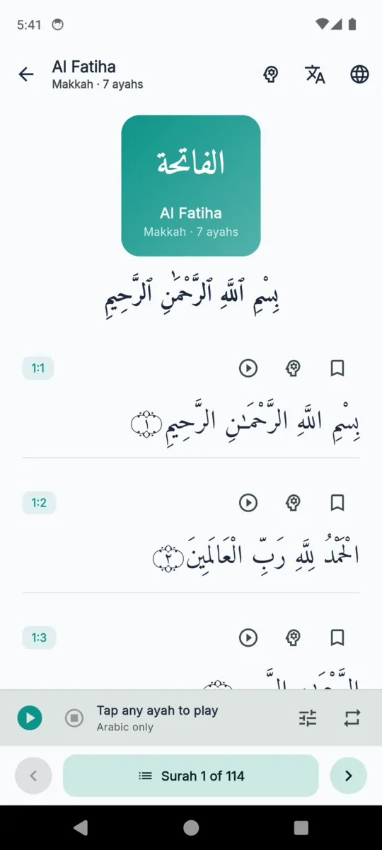 The HifzPal reader open on Al Fatiha, headed Makkah, 7 ayahs, with the Arabic text set ayah by ayah and an audio bar reading Tap any ayah to play, Surah 1 of 114