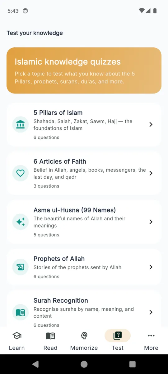 The Test your knowledge screen in HifzPal listing quiz topics: 5 Pillars of Islam, 6 Articles of Faith, Asma ul-Husna, Prophets of Allah and Surah Recognition