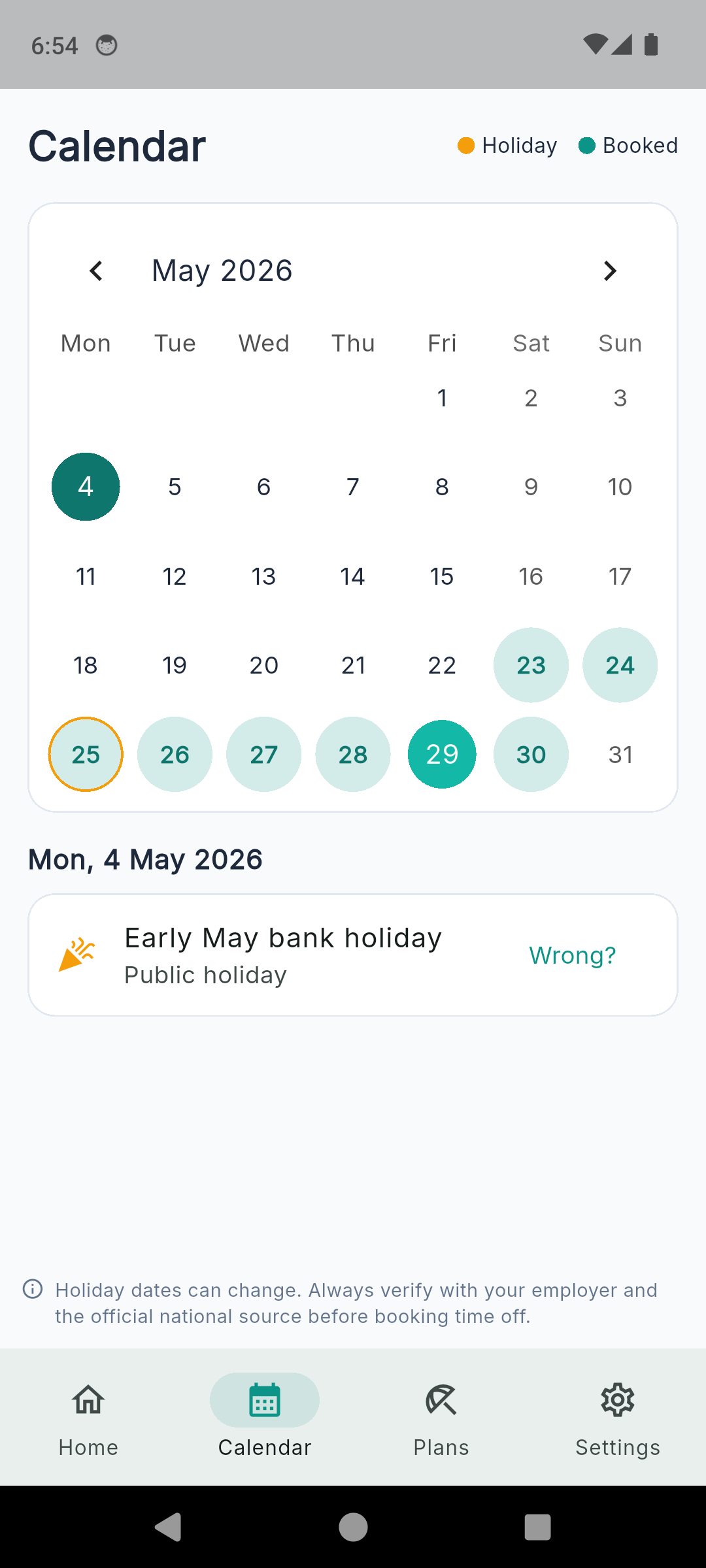 HolidayStack year calendar for May 2026 with bank holidays highlighted in amber, a booked vacation shaded in teal, and an Early May bank holiday detail card