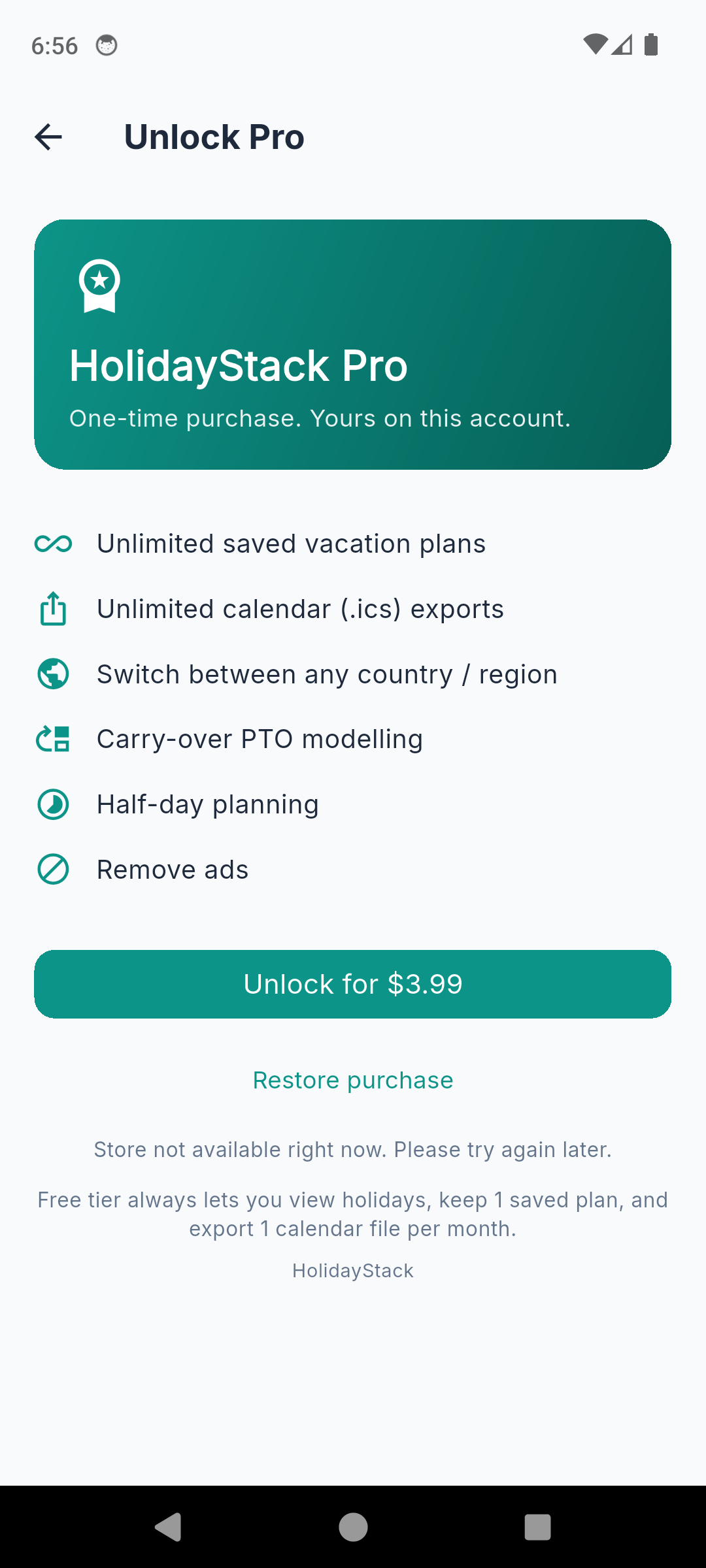 HolidayStack Pro unlock screen listing unlimited plans, unlimited calendar exports, country switching, carry-over modelling and half-day planning for a one-time price