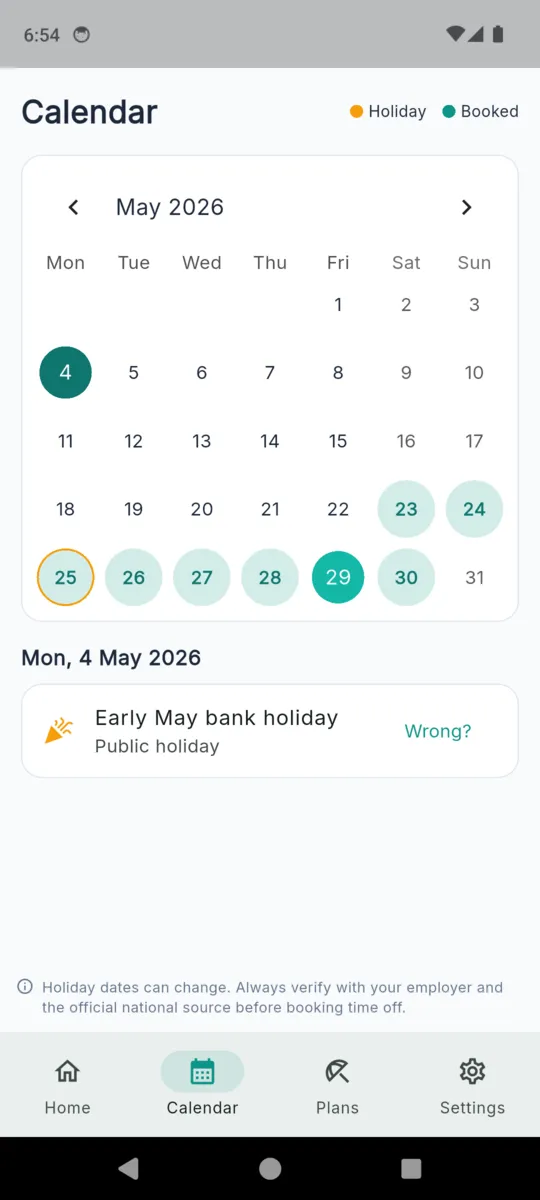 The HolidayStack calendar for May 2026 with public holidays and booked days shaded, an Early May bank holiday entry below it and a Wrong? link beside it