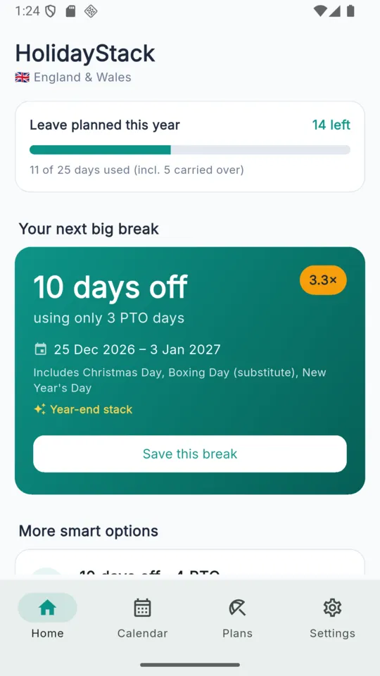 The HolidayStack home screen: a leave bar reading 11 of 25 days used with 14 left, above a card titled 10 days off using only 3 PTO days for 25 Dec 2026 to 3 Jan 2027, badged 3.3 times