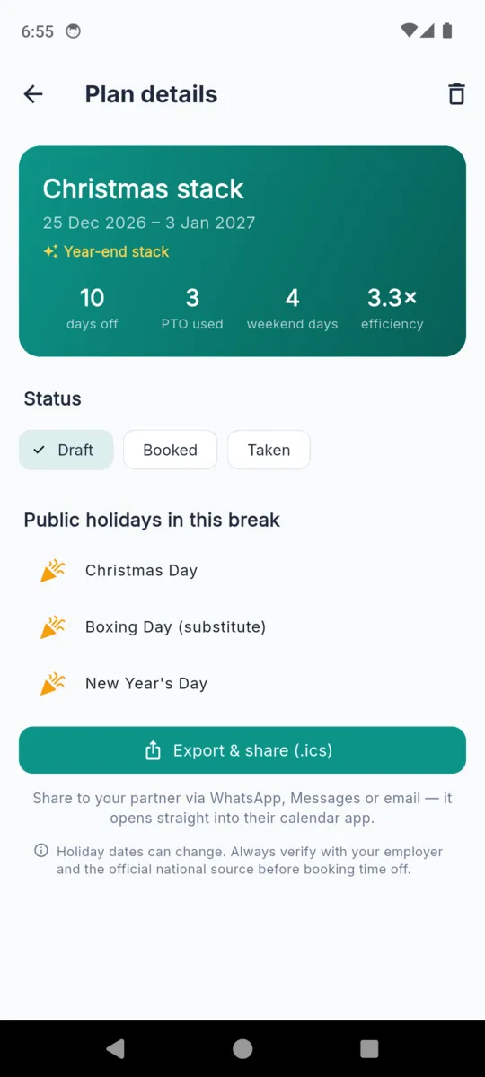 A plan detail screen for Christmas stack showing 10 days off, 3 PTO used, 4 weekend days and 3.3 times efficiency, the three public holidays inside the break, and an Export and share .ics button