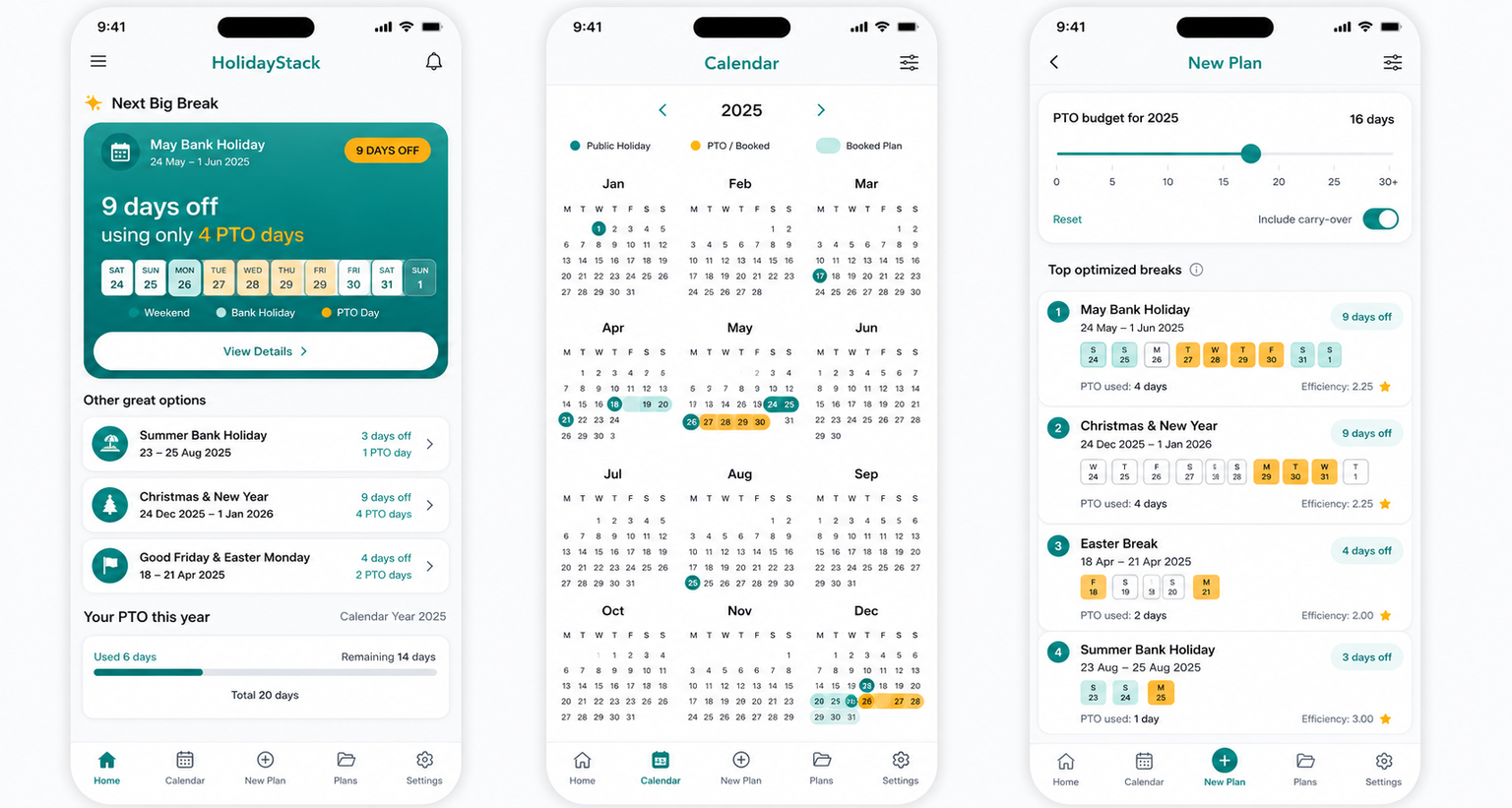 HolidayStack home, year calendar and plan suggestion screens