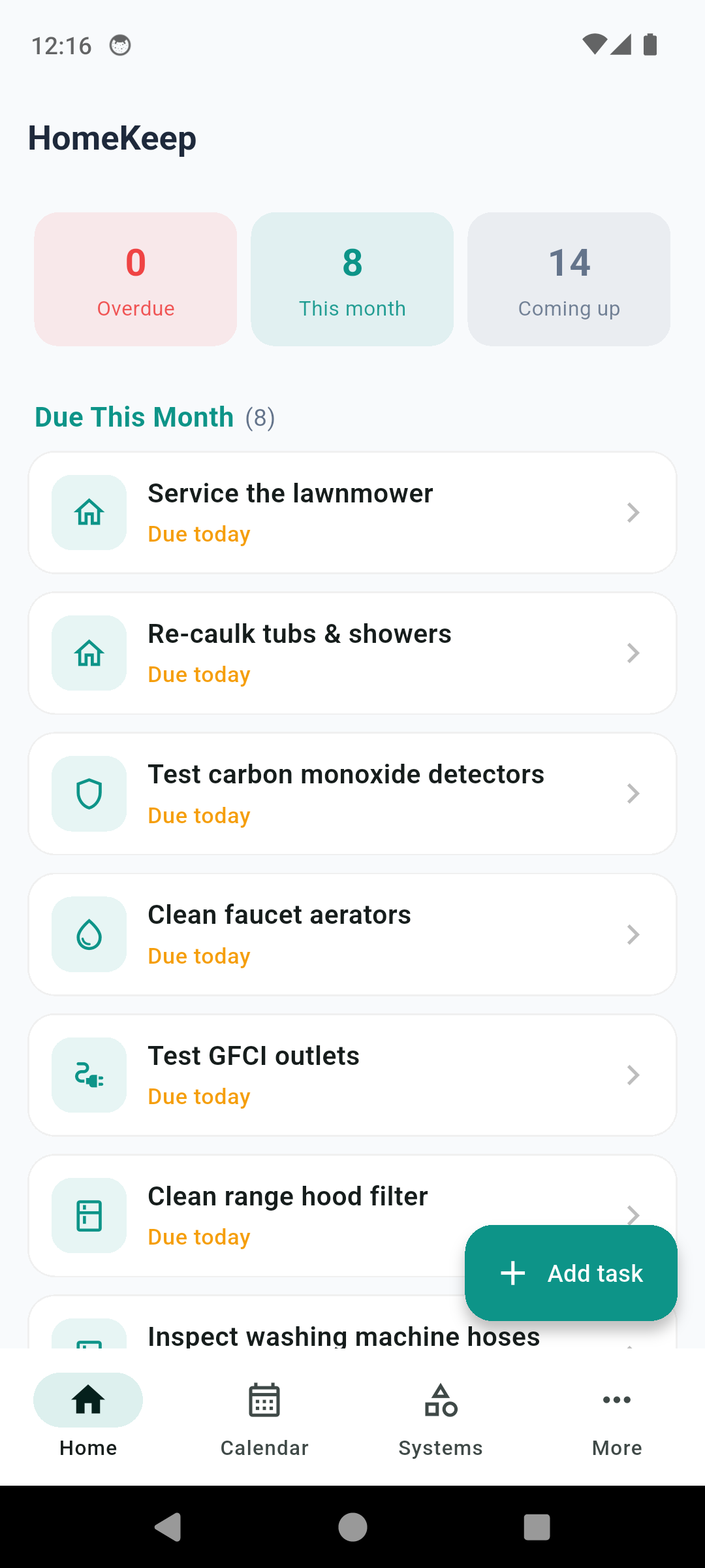 HomeKeep home dashboard showing overdue, this-month and coming-up counts with a list of maintenance tasks due