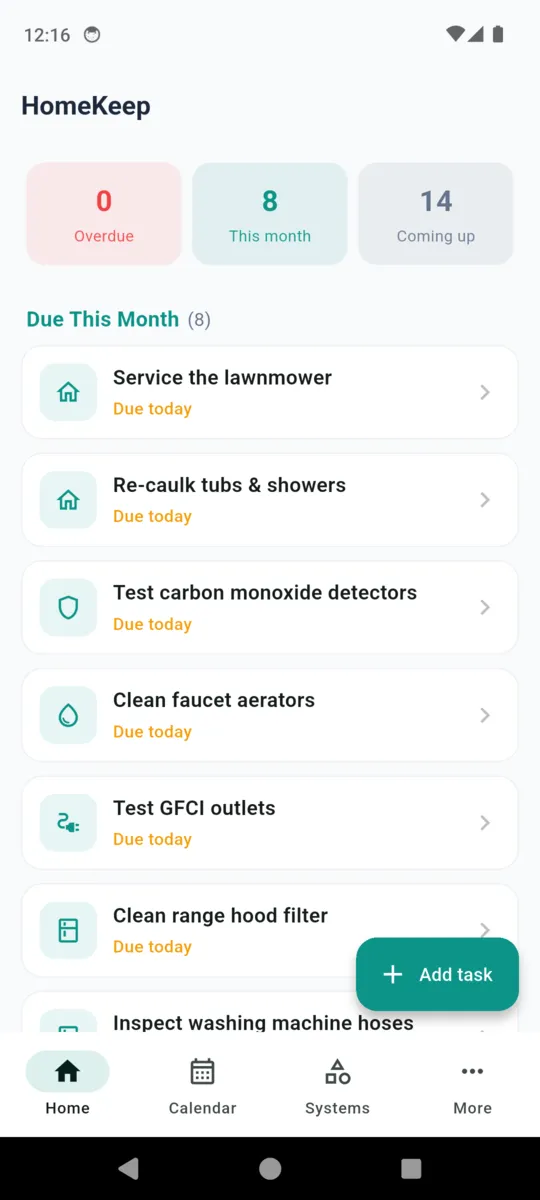 HomeKeep home screen with counts for overdue, this month and coming up, above a list of jobs due today
