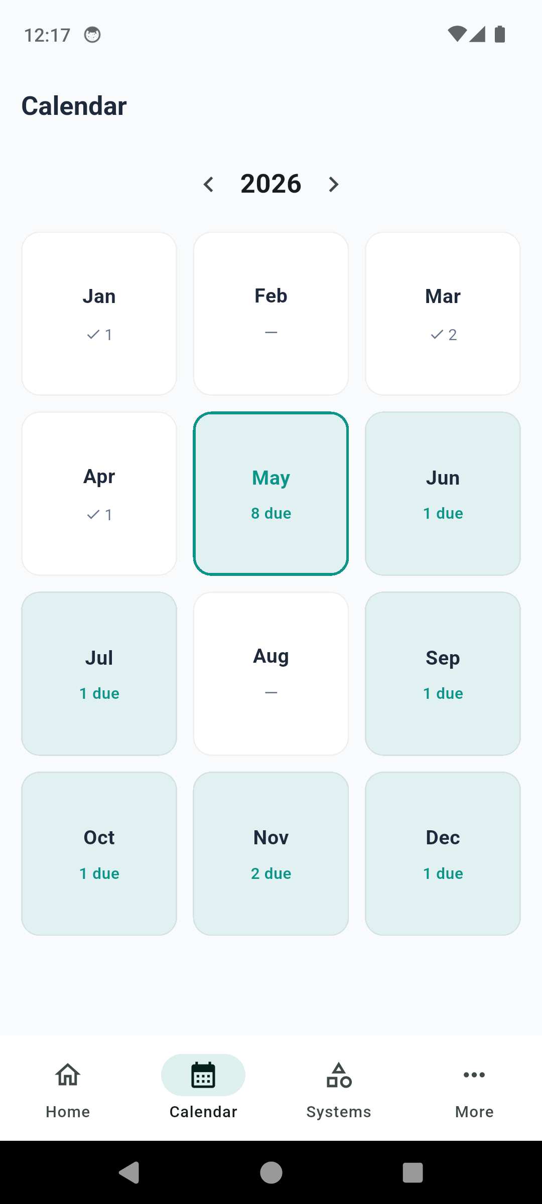 HomeKeep year calendar with maintenance tasks shaded by month and completion check marks