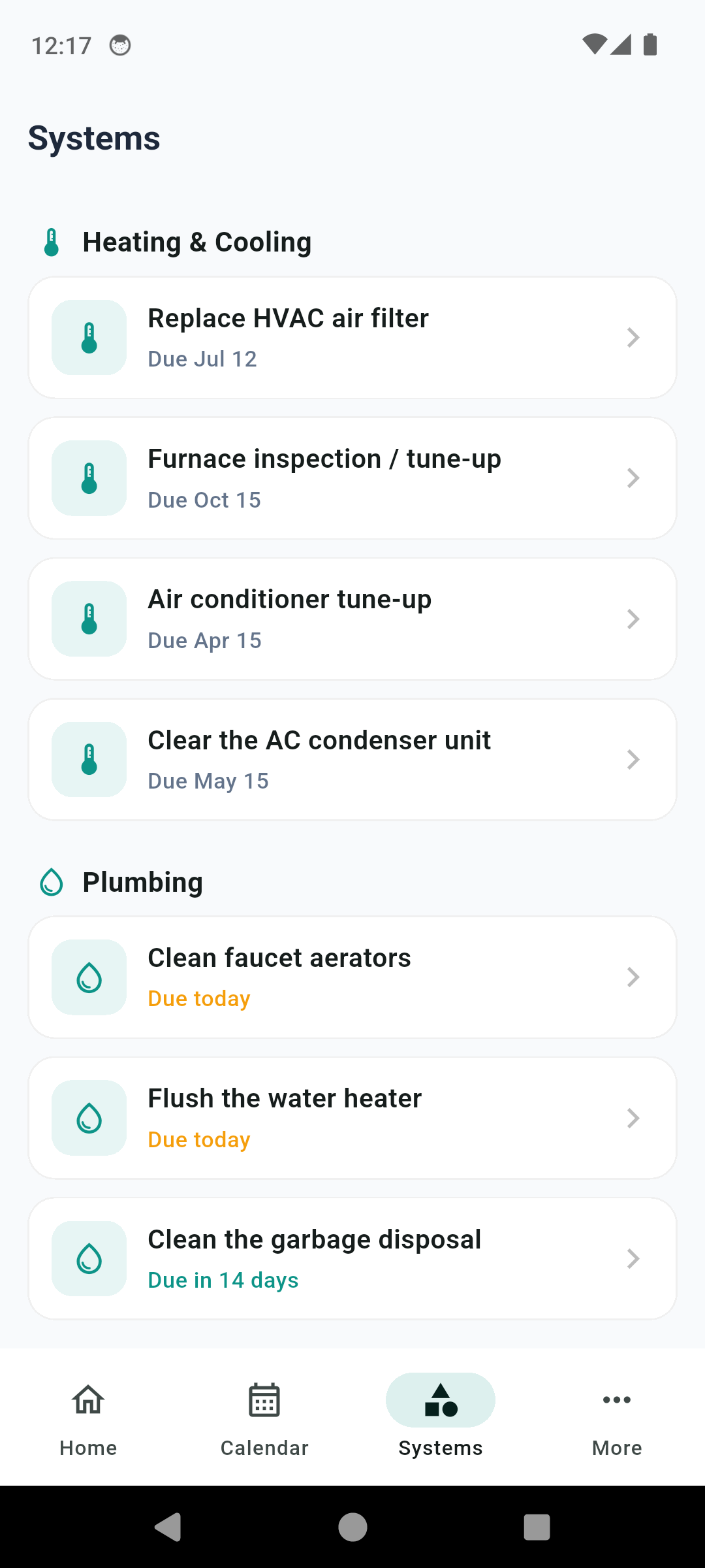 HomeKeep systems view grouping tasks by Heating and Cooling and Plumbing with due dates