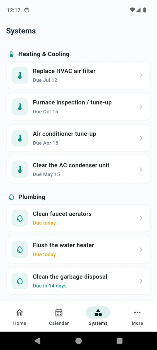 HomeKeep systems view grouping jobs under Heating and Cooling and Plumbing with their due dates
