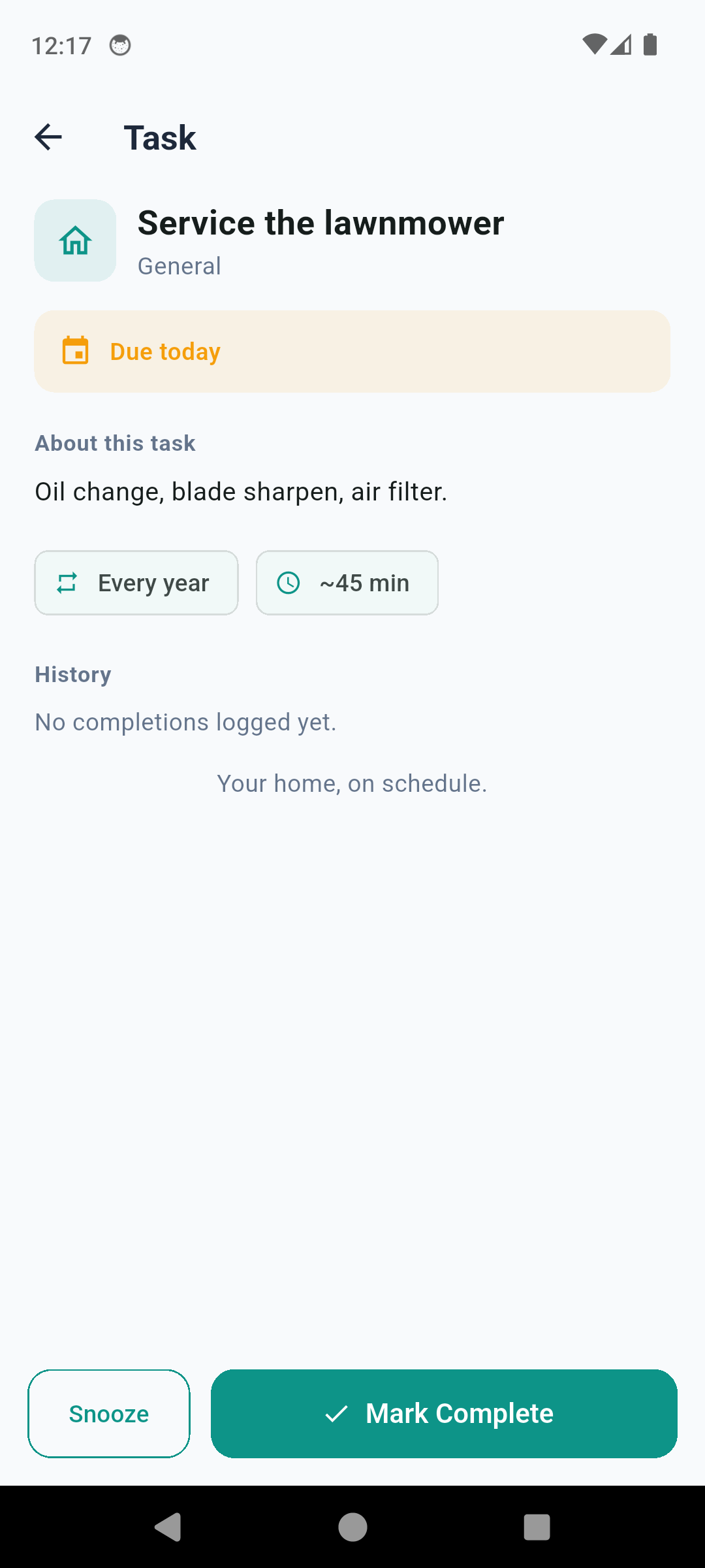HomeKeep task detail with a how-to description, cadence, estimated time and Mark Complete button