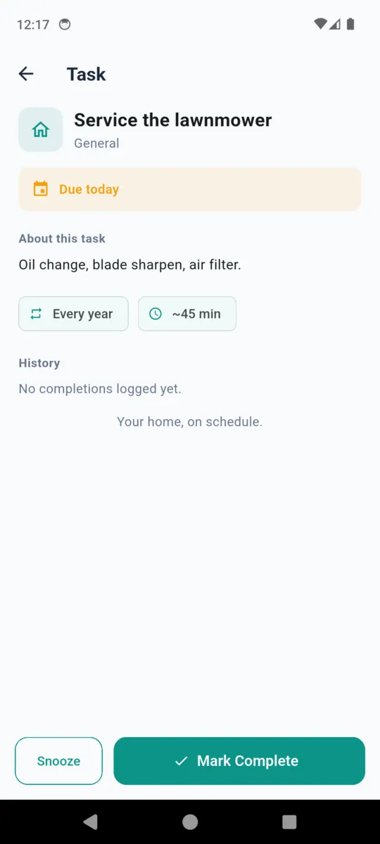 A HomeKeep task screen showing what the job involves, an every-year interval, a 45 minute estimate and its history