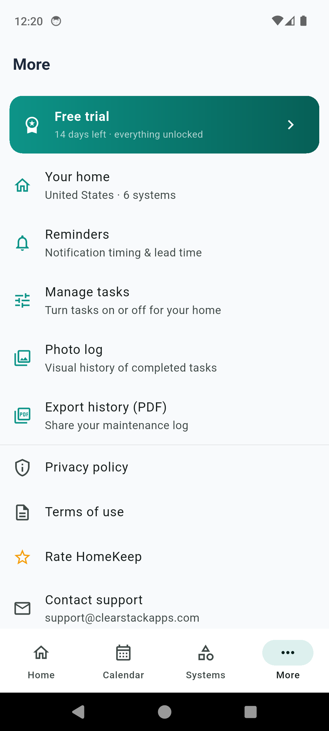 HomeKeep More menu with home profile, reminders, manage tasks, photo log and PDF export