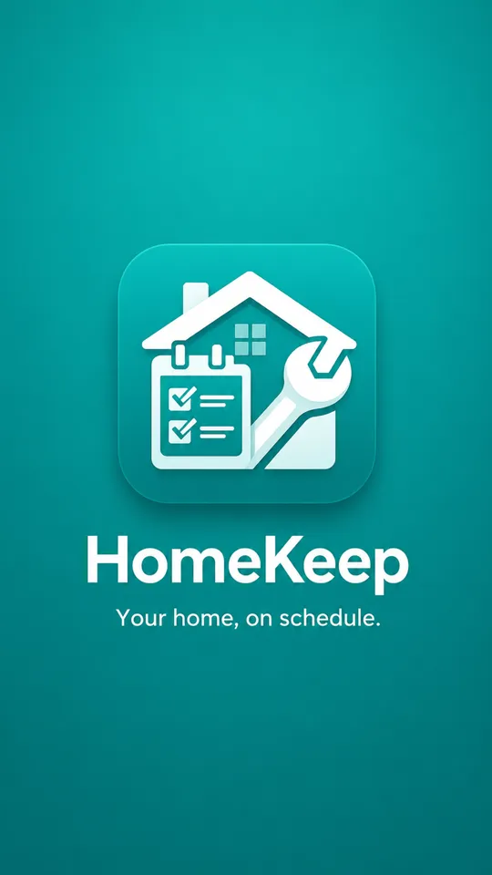 HomeKeep launch screen: a house with a checklist and a spanner over a teal field, under the line Your home, on schedule