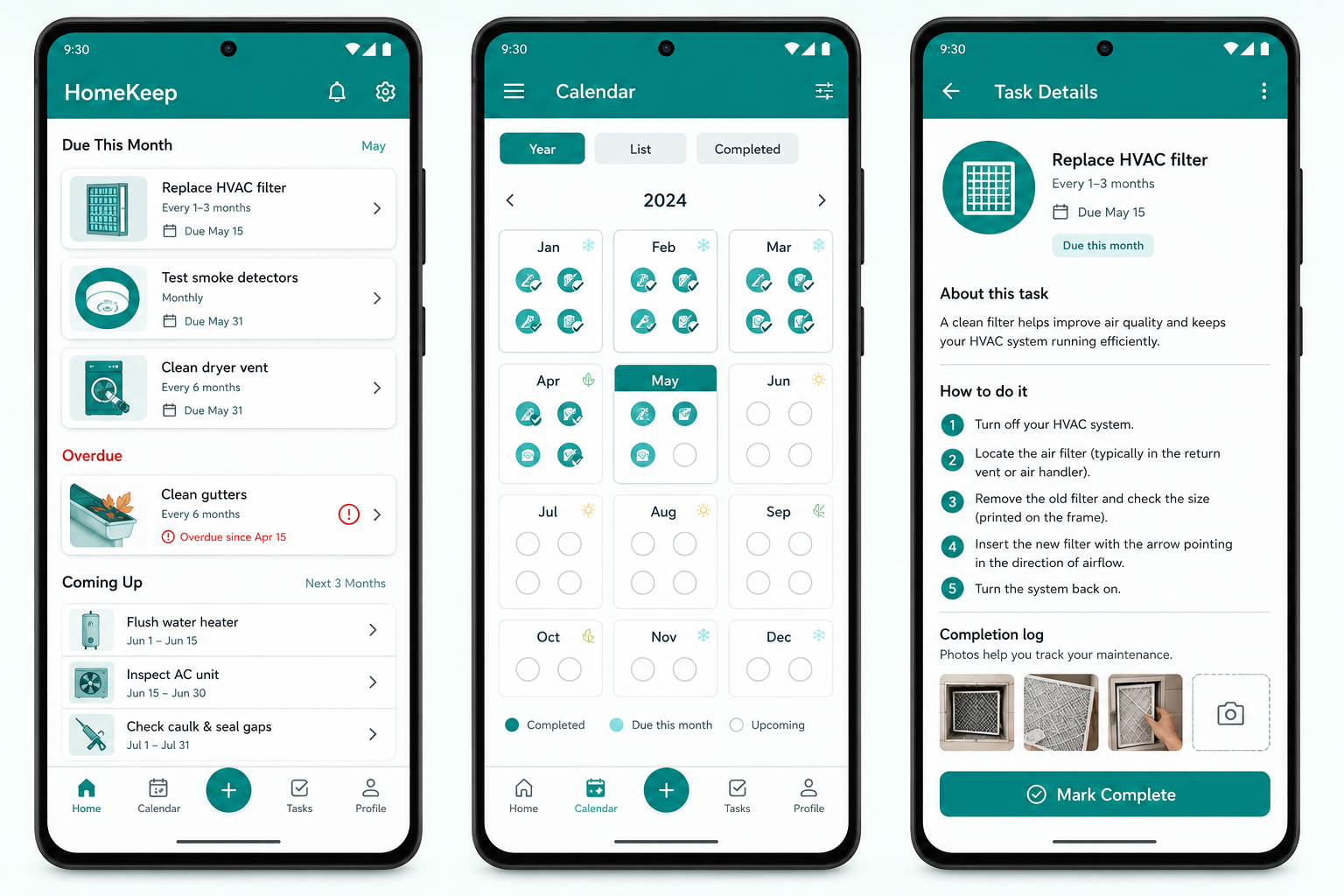 HomeKeep home dashboard, year calendar, and task detail with how-to guide