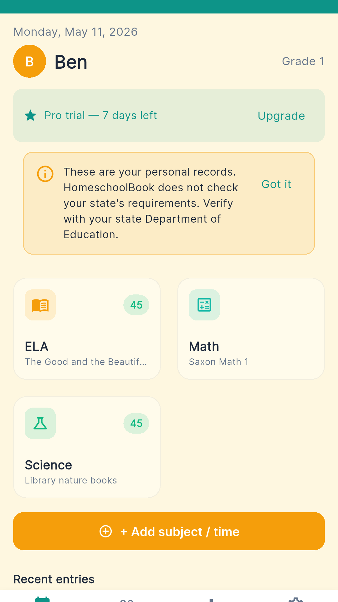 HomeschoolBook Today tab with subject cards and quick-add chips