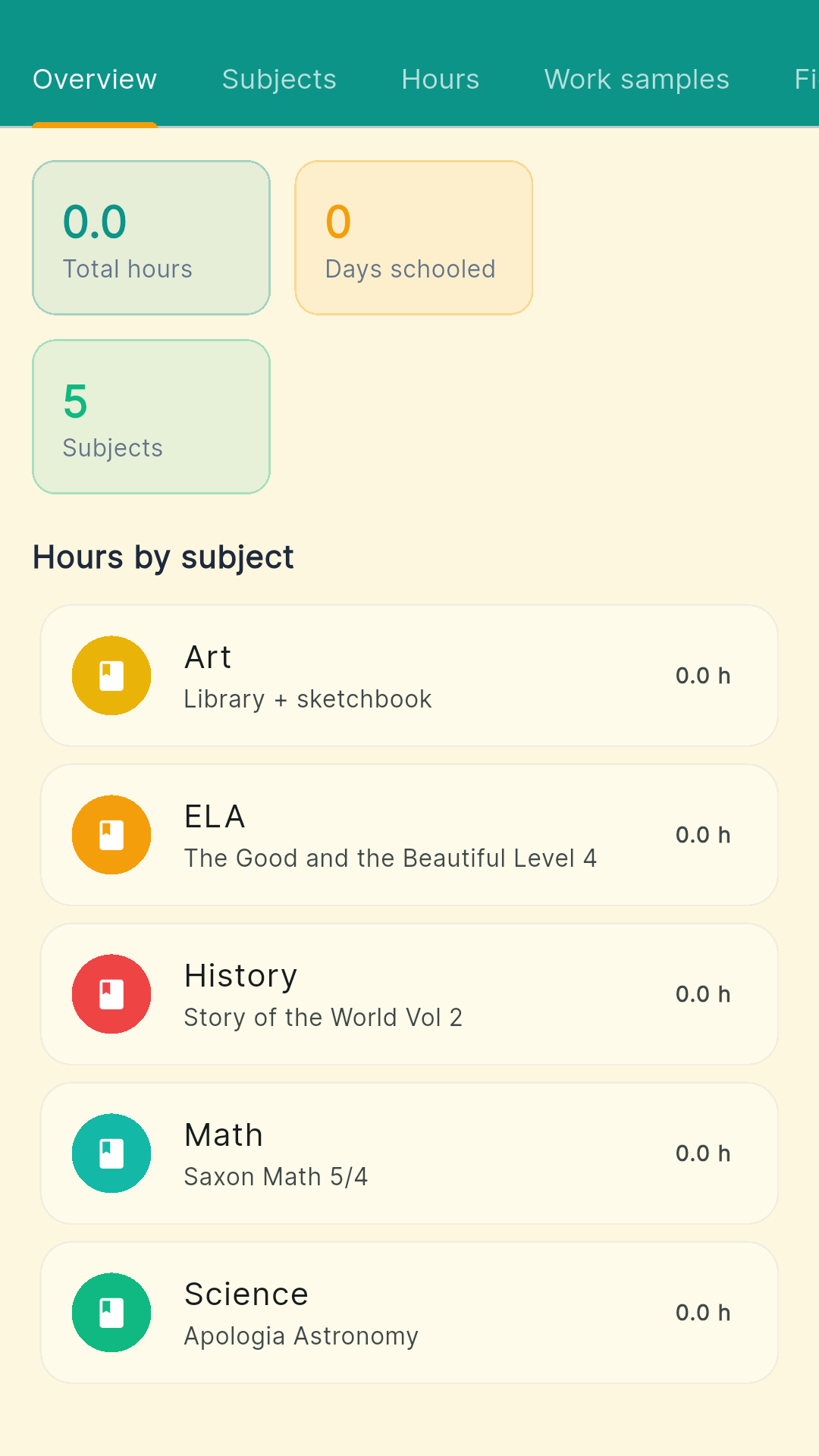 HomeschoolBook child detail with subjects and curriculum