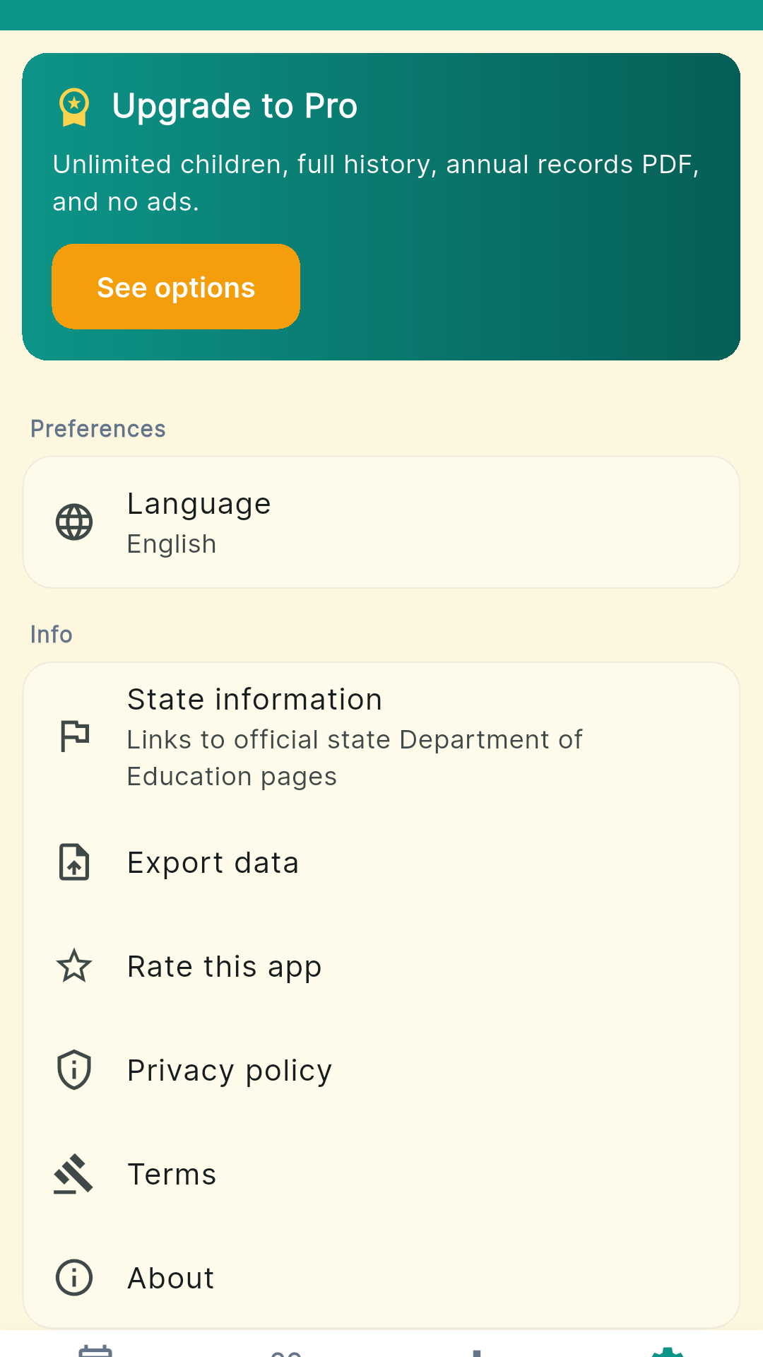 HomeschoolBook settings with state info links and disclaimers