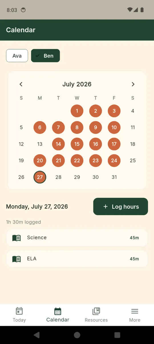 The HomeschoolBook calendar: a month grid with schooled days marked, the selected day below it showing total time logged and which subjects it went to