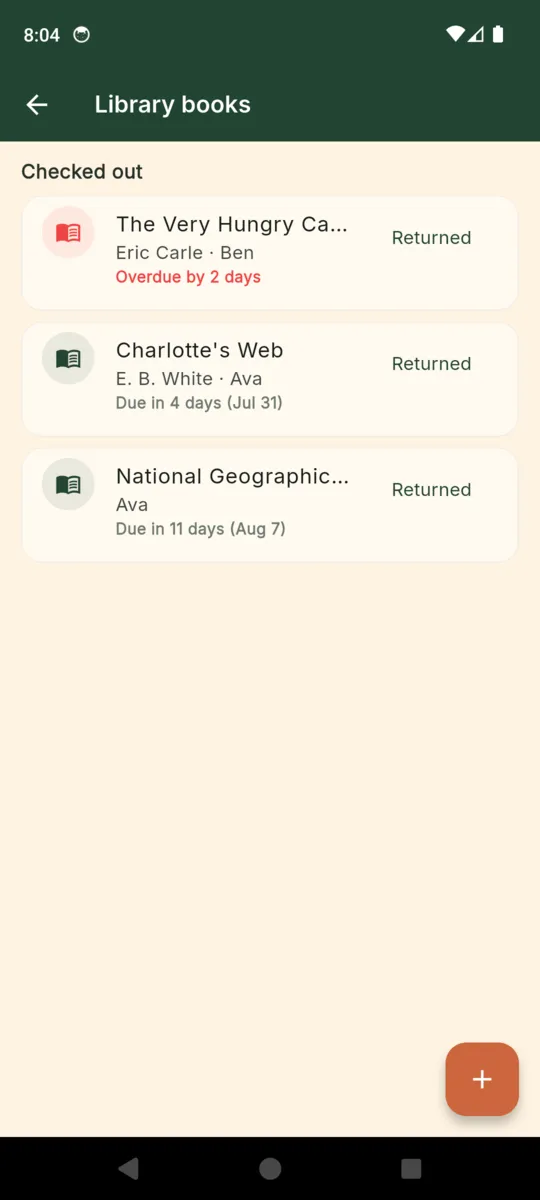The HomeschoolBook library books screen: borrowed books with author, which child has it, and the due date, with one marked overdue