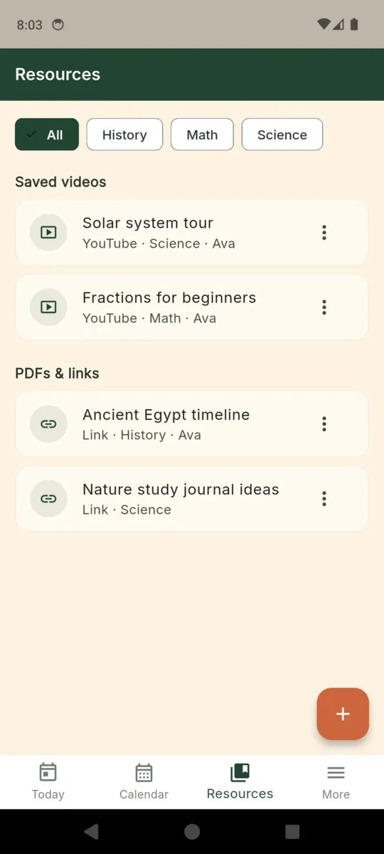 The HomeschoolBook resources screen: subject filter chips, then saved videos and saved PDFs and links, each tagged with its subject and child