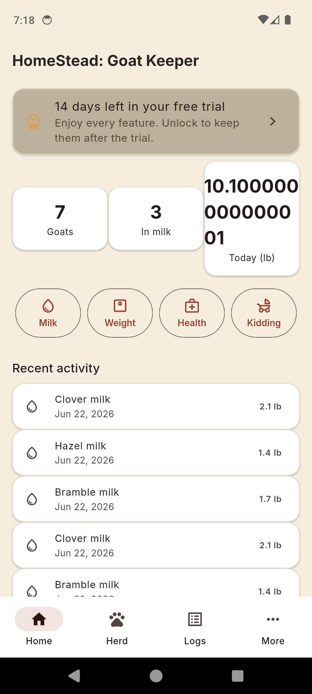 HomeStead home dashboard with today goat-care reminders, herd stats and quick-add buttons for milk, weight, health and kidding