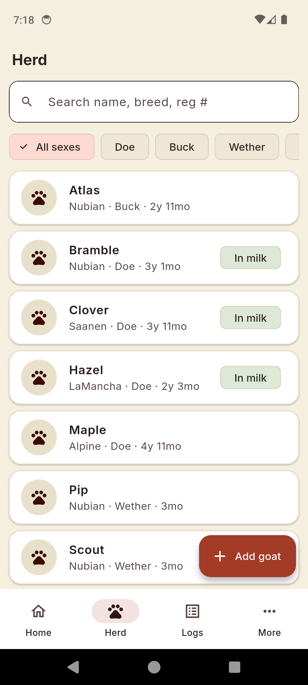 HomeStead herd list showing goats with breed, sex, age and in-milk status, with sex filter chips