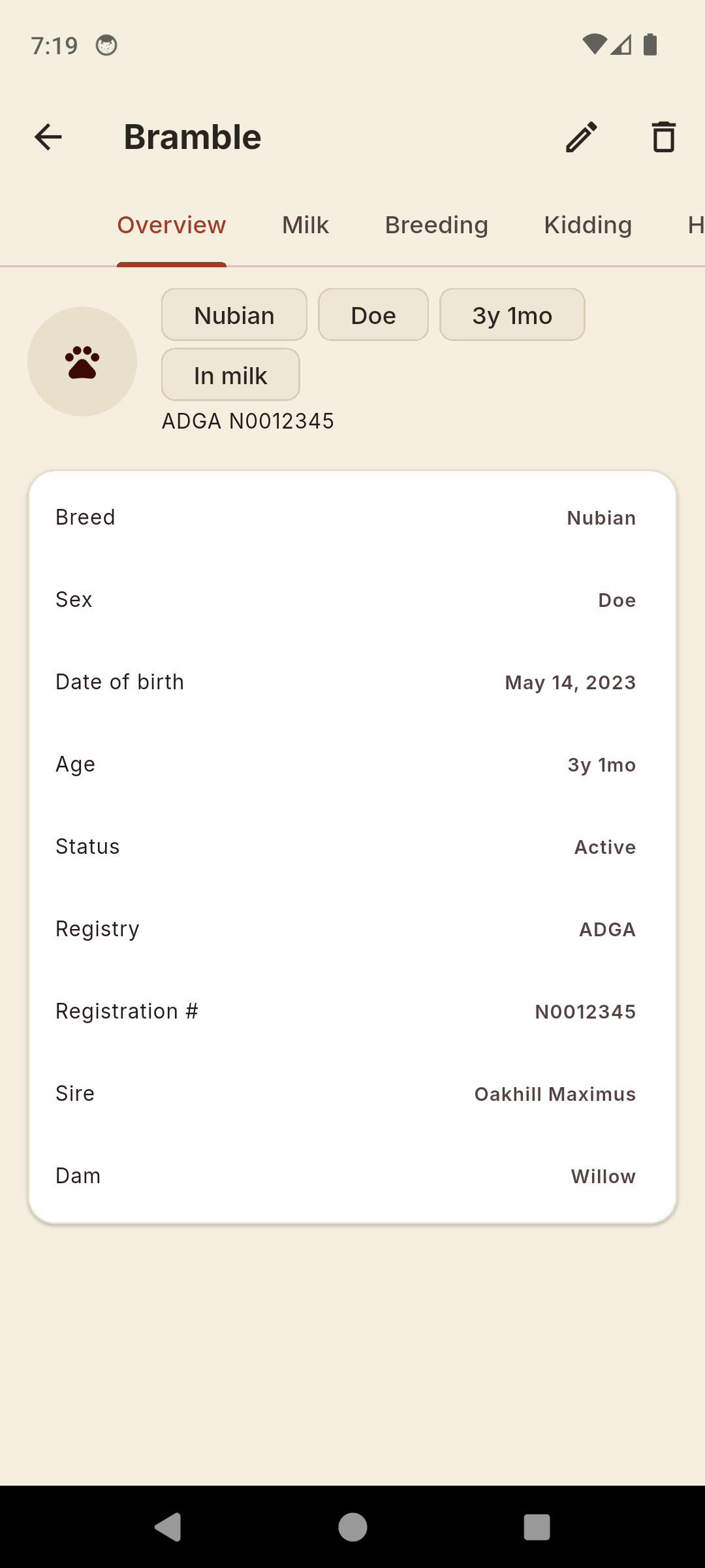 HomeStead goat detail for a Nubian doe showing breed, date of birth, registration number, sire and dam