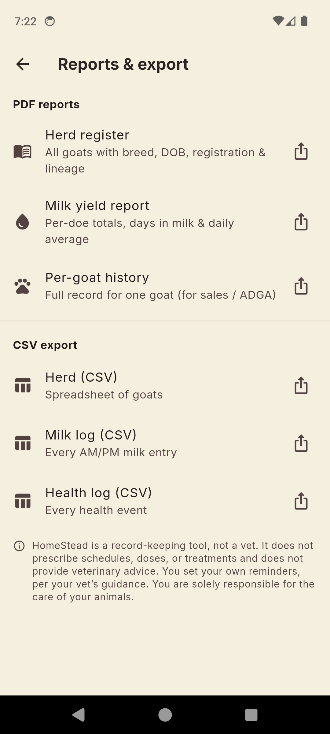 HomeStead reports and export screen with PDF herd register, milk-yield report, per-goat history and CSV exports