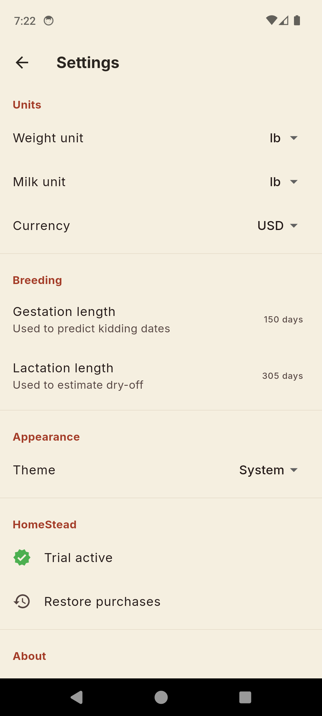 HomeStead settings with weight and milk units, currency, adjustable gestation and lactation length and theme