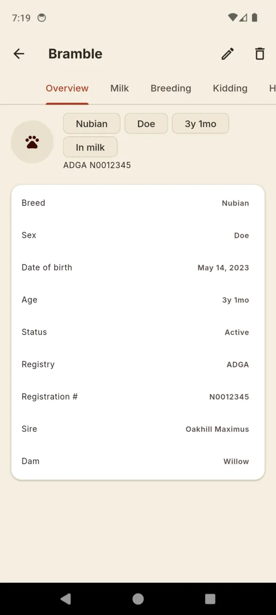 Bramble's overview tab listing breed, sex, date of birth, age, status, registry, registration number, sire and dam