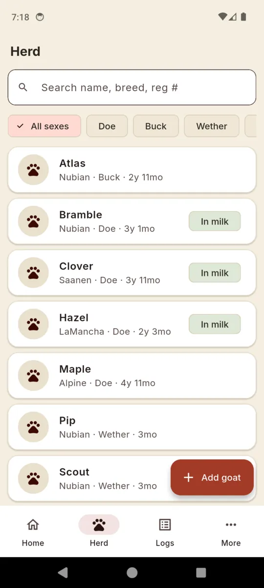 The HomeStead herd list with a search box, sex filters, and goats showing breed, sex, age and an in-milk badge