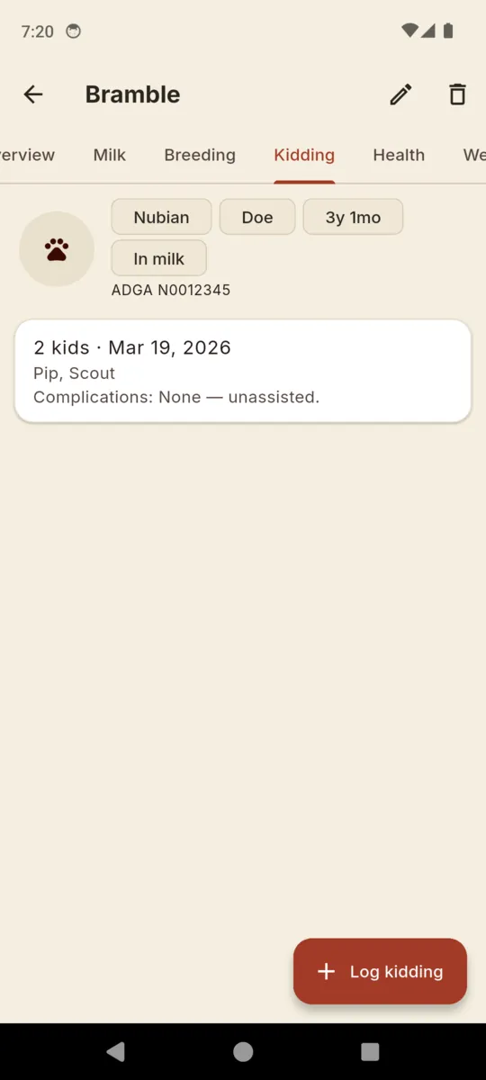 A kidding entry reading two kids on 19 March 2026, named Pip and Scout, complications none, unassisted