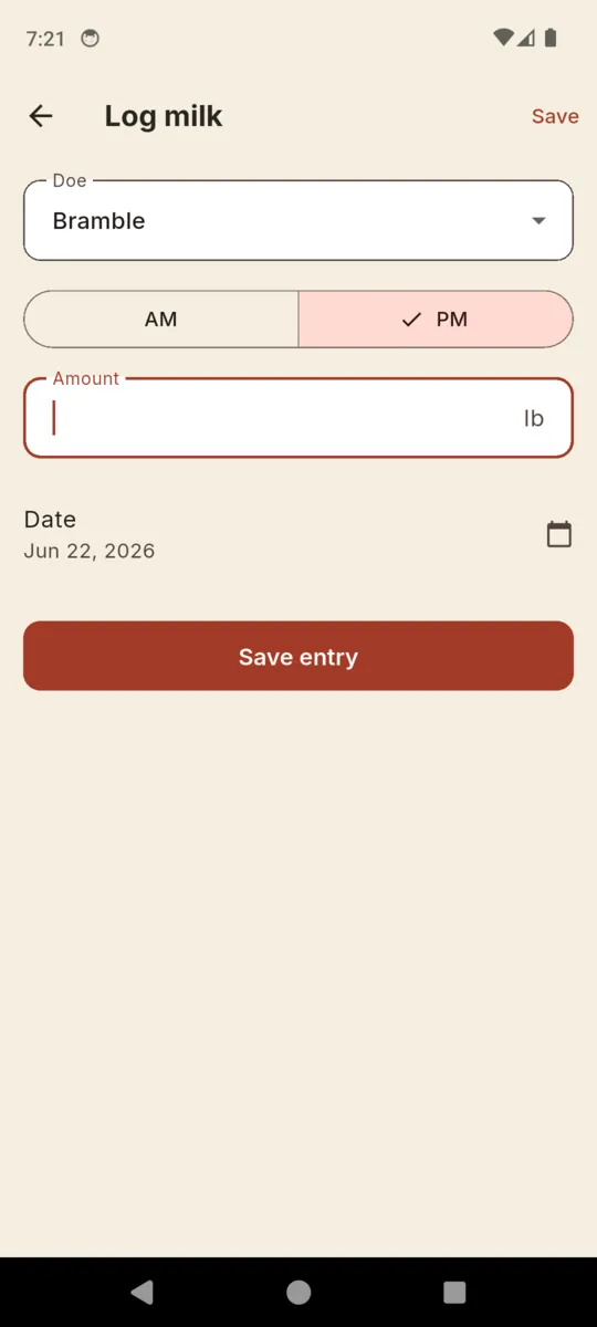 The Log milk screen with a doe selector, an AM and PM toggle, an amount field in pounds and a date